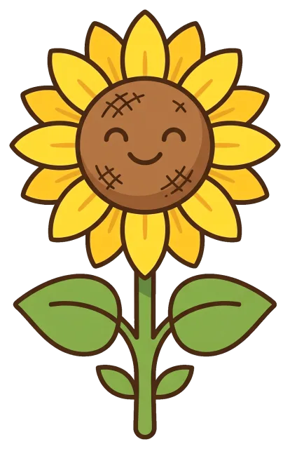 Cute smiling sunflower with green leaves
