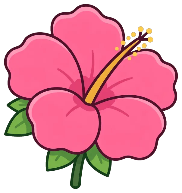 Pink hibiscus flower with green leaves