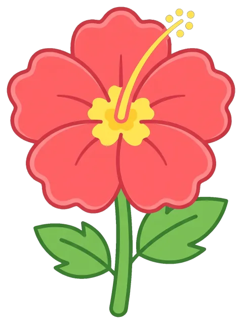 Red hibiscus flower with green leaves and yellow stamen