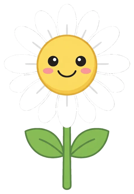 Smiling cartoon daisy flower with green leaves