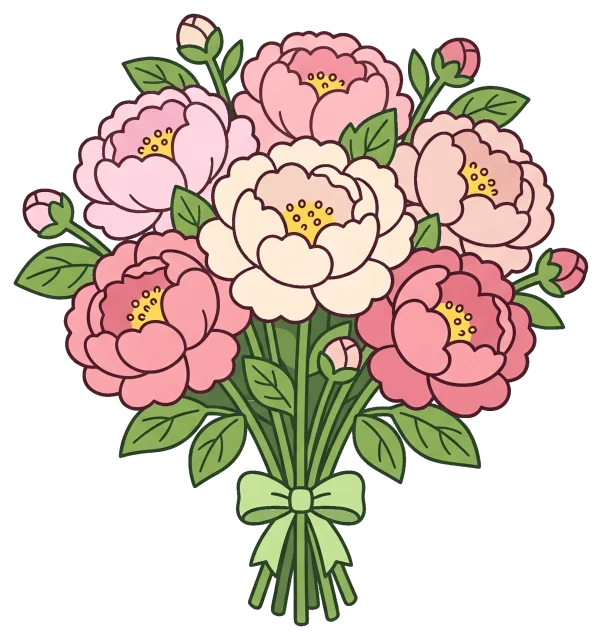 Bouquet of pink and white peony flowers with green leaves