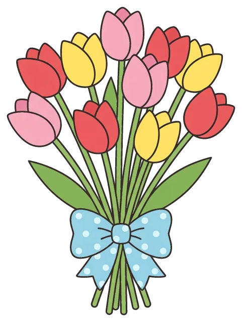 Bouquet of red, yellow, and pink tulips with blue bow