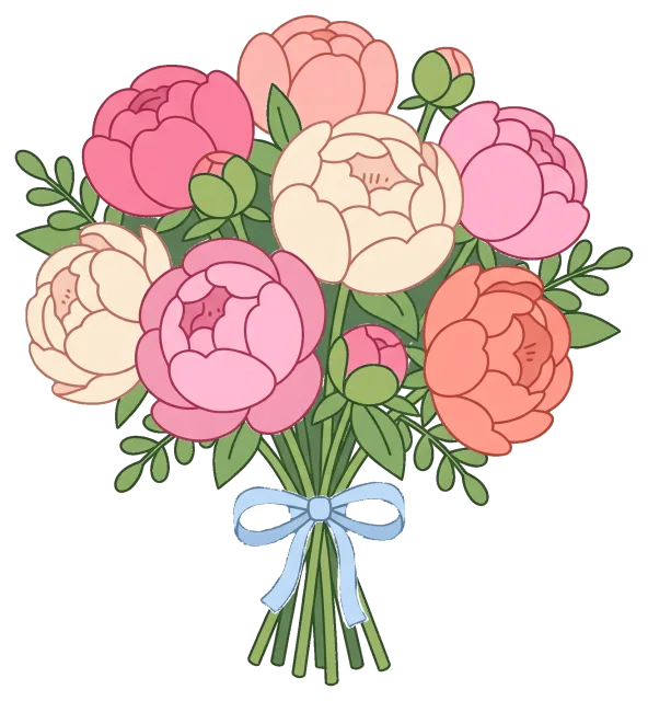 Colorful Peony Bouquet with Blue Ribbon