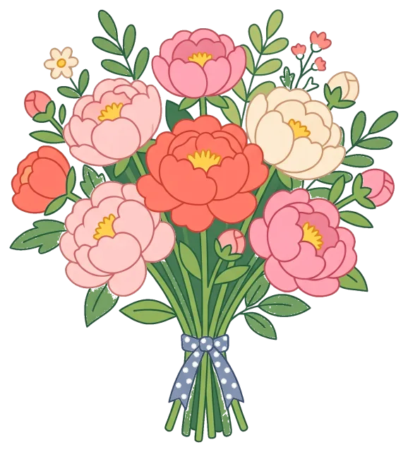 Colorful peony bouquet with green leaves and polka dot ribbon