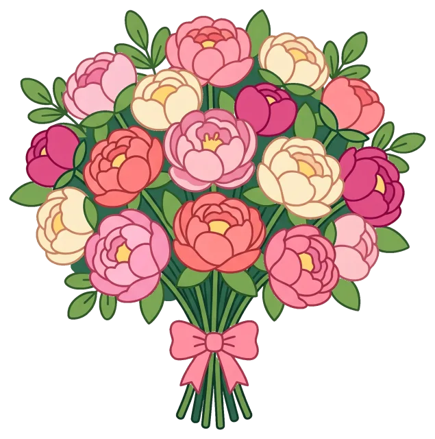 Colorful peony bouquet with pink bow