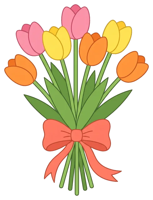 Colorful tulip bouquet tied with a pink bow