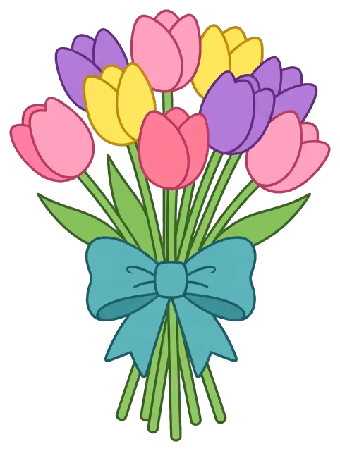 Colorful tulip bouquet tied with blue bow