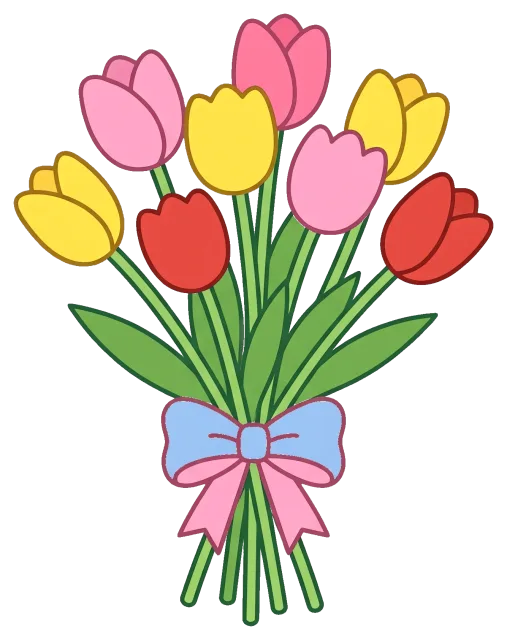 Colorful tulip bouquet with blue and pink bow