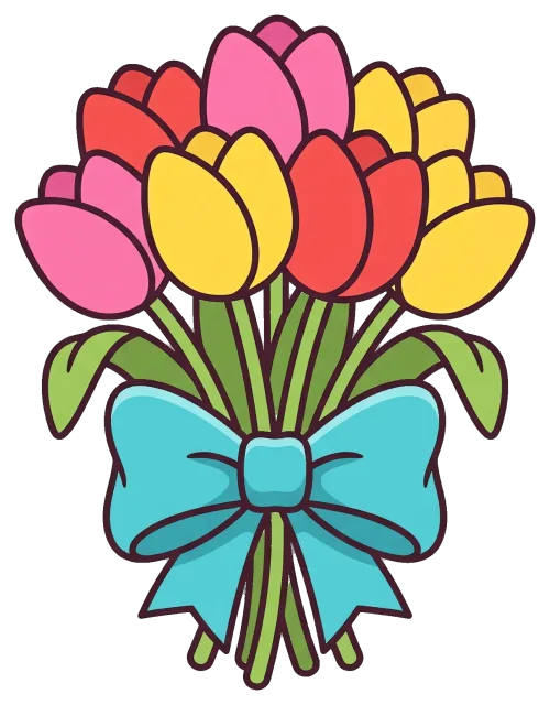 Colorful tulip bouquet with blue bow