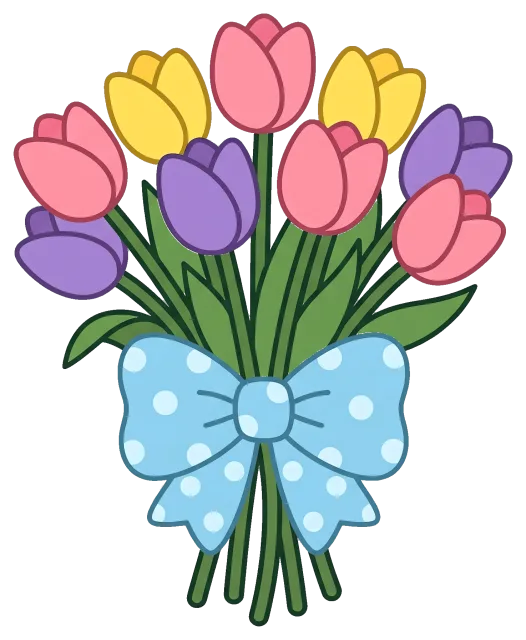 Colorful tulip bouquet with blue polka dot bow
