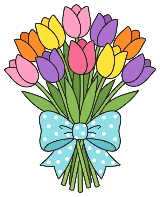 Colorful tulip bouquet with blue polka dot bow
