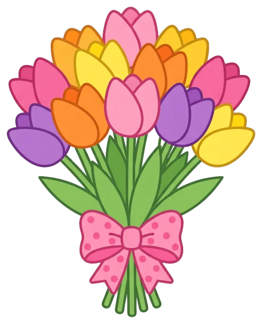 Colorful tulip bouquet with pink polka dot bow