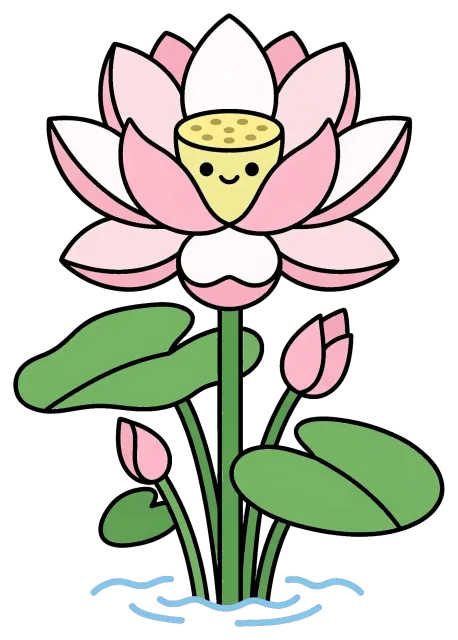 Cute lotus flower with smiling seed pod and green leaves