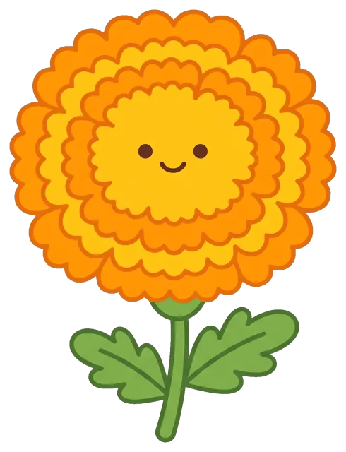 Cute smiling marigold flower with green leaves