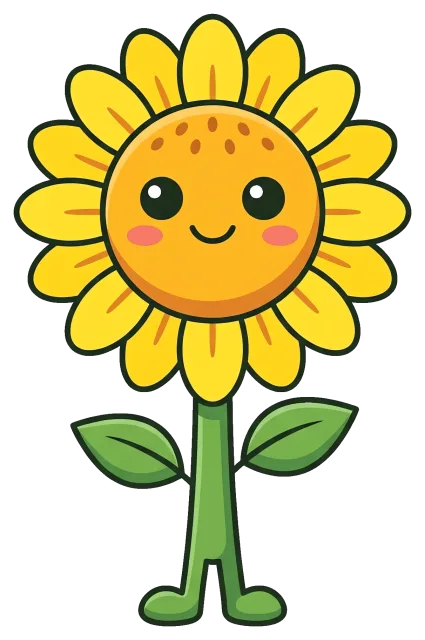 Cute smiling sunflower character with leaves and legs