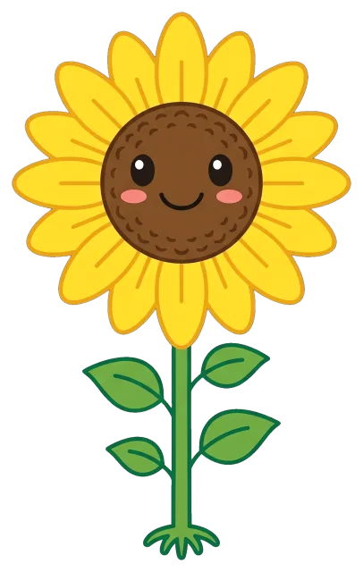 Cute smiling sunflower with green leaves