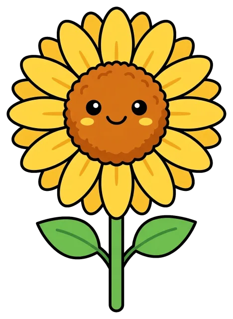 Cute smiling sunflower with green leaves