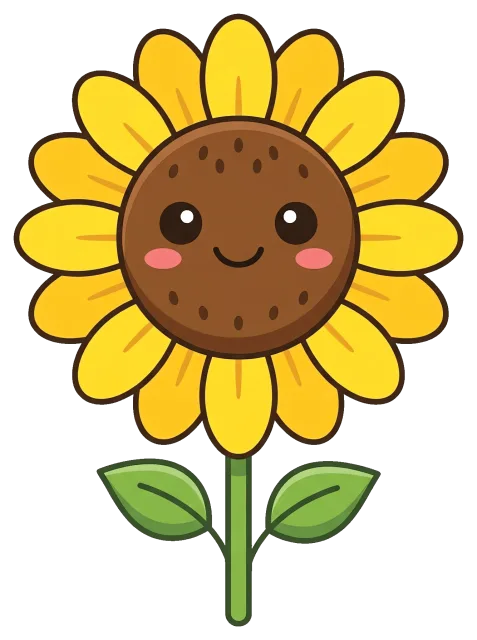 Cute smiling sunflower with green leaves