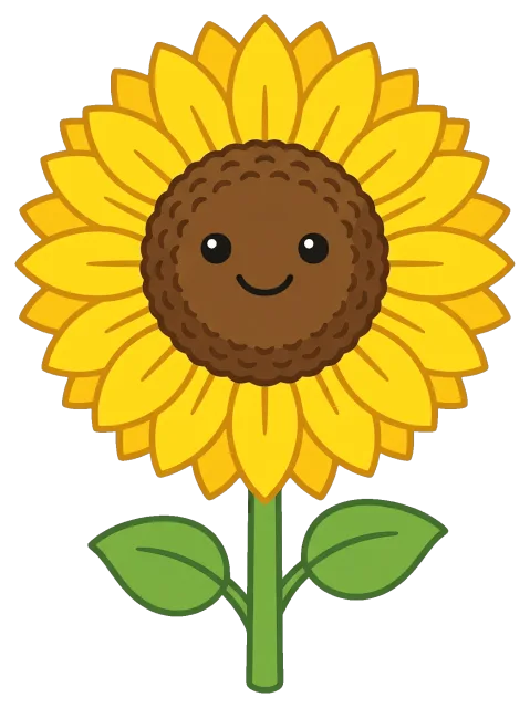 Cute smiling sunflower with green leaves