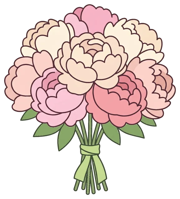Peony bouquet with pink and cream flowers tied with green ribbon