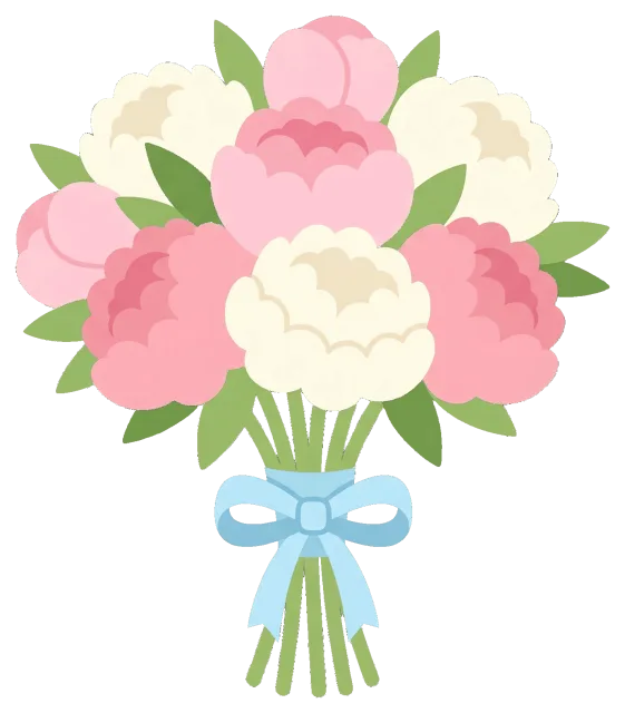 Peony bouquet with pink and white flowers tied with blue ribbon