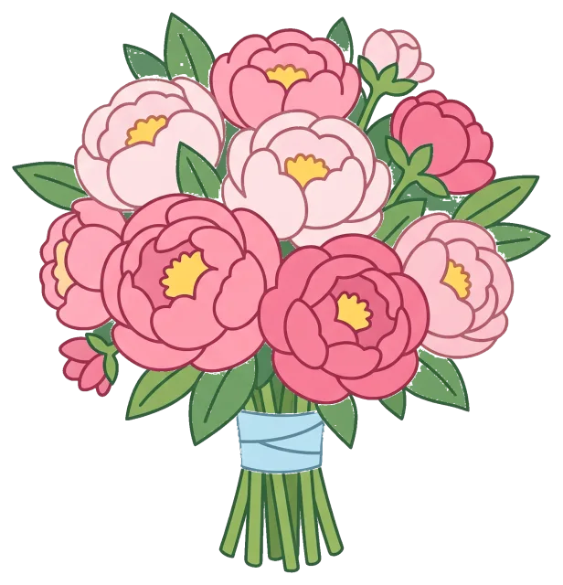 Peony bouquet with pink flowers and green leaves