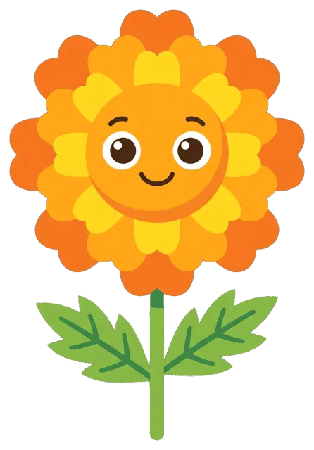 Smiling marigold flower with green leaves