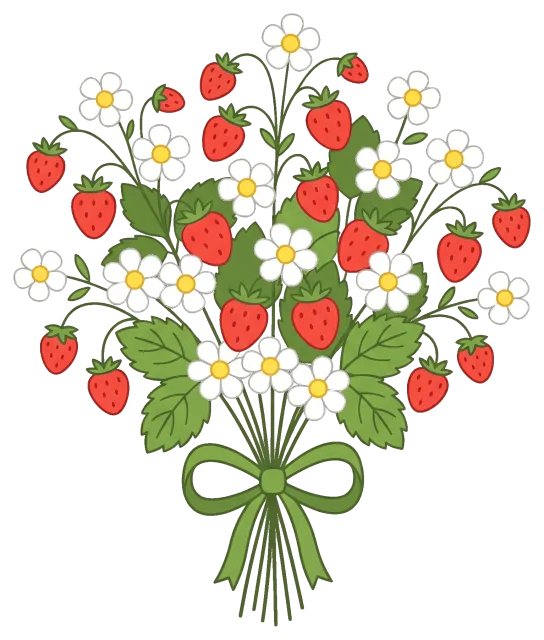 Strawberry Flower Bouquet with White Blossoms and Green Leaves