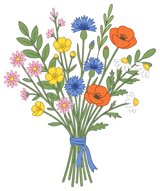 Wildflower bouquet with colorful blooms tied with blue ribbon