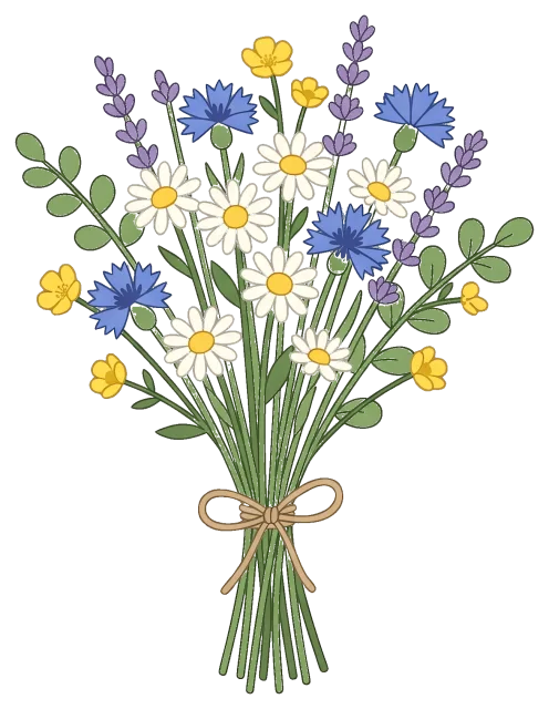 Wildflower bouquet with daisies, cornflowers, lavender, and buttercups