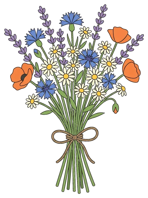 Wildflower bouquet with daisies, cornflowers, lavender, and poppies