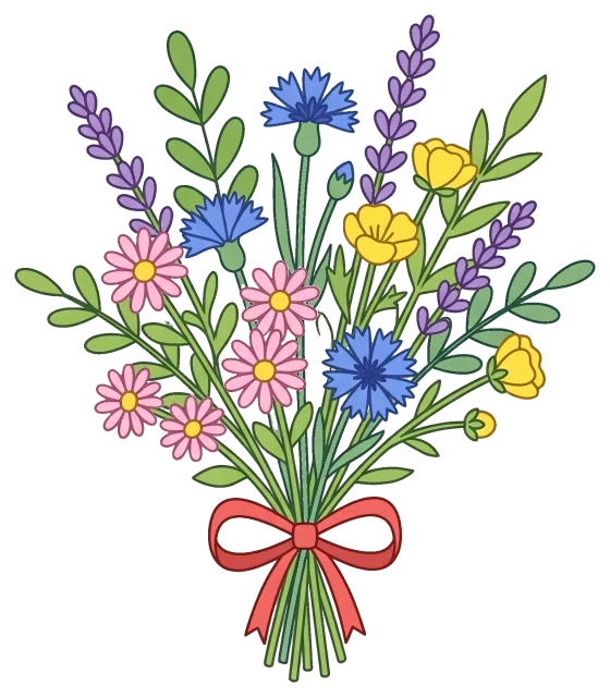 Wildflower bouquet with pink, blue, yellow flowers and red bow