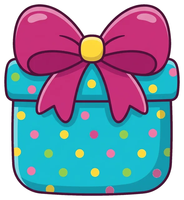 Birthday gift box with pink bow and colorful polka dots