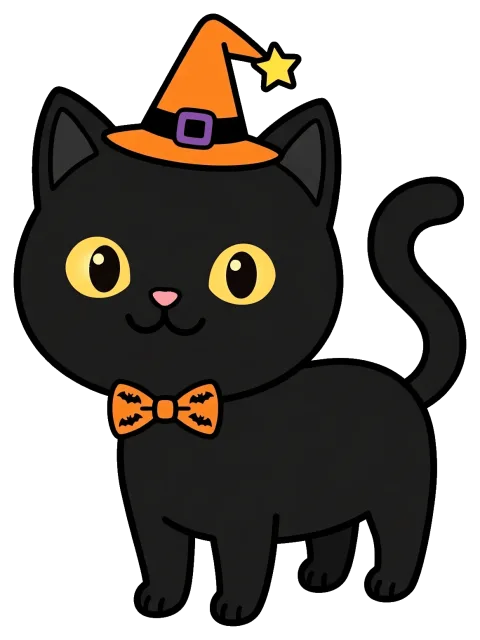 Black Cat Wearing Halloween Witch Hat and Bow Tie