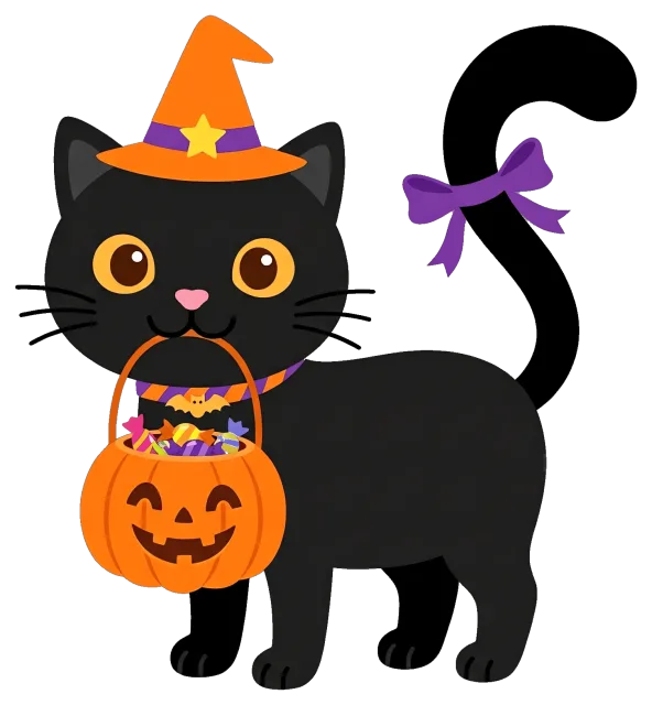 Black Cat Wearing Witch Hat Holding Halloween Candy Pumpkin