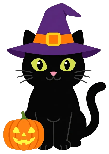 Black Cat Wearing Witch Hat with Jack-o'-Lantern