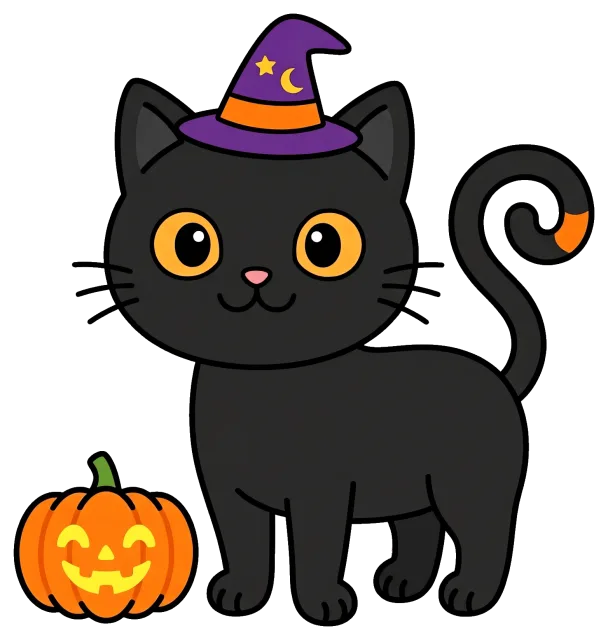 Black Cat Wearing Witch Hat with Jack-o'-Lantern Pumpkin