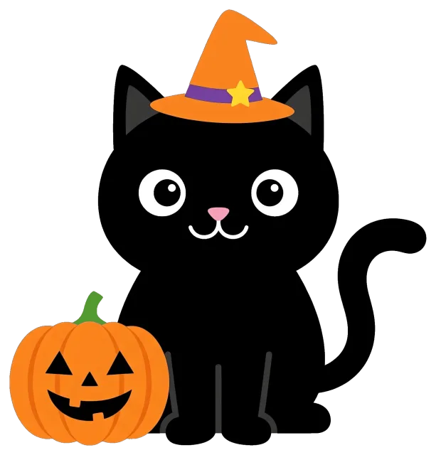 Black Cat Wearing Witch Hat with Jack-o'-Lantern Pumpkin