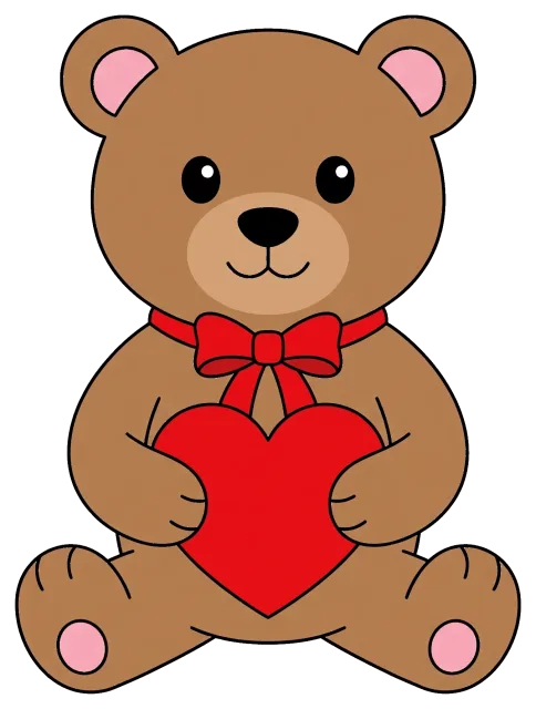 Cartoon teddy bear holding a red heart with a bow