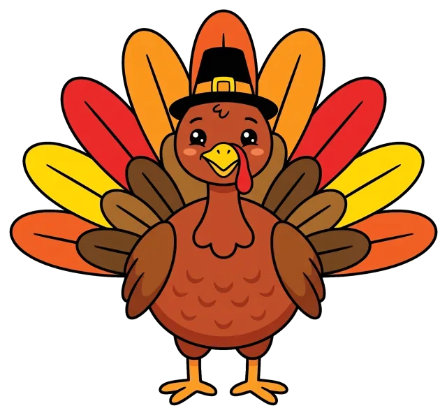 Cartoon turkey with colorful feathers and pilgrim hat