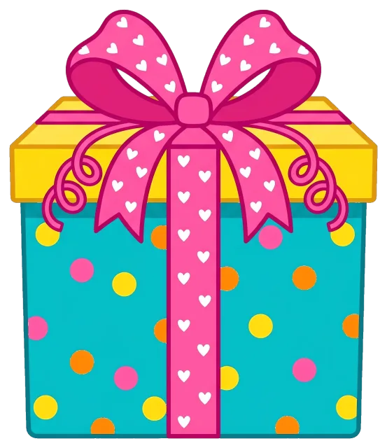 Colorful birthday gift box with pink heart ribbon