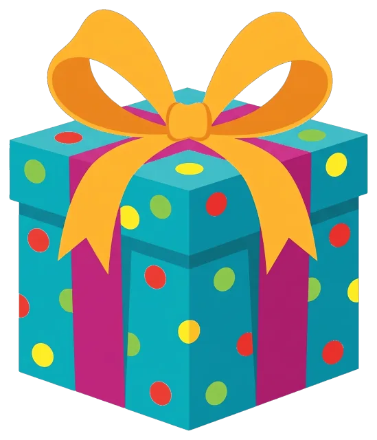 Colorful birthday gift box with yellow bow and polka dots