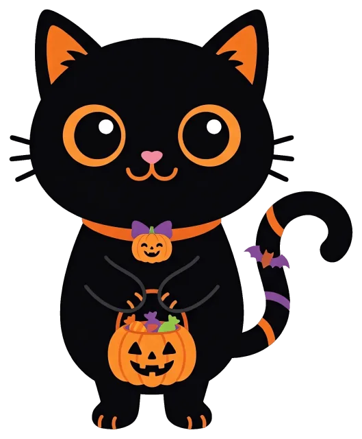 Cute black cat holding Halloween pumpkin bucket