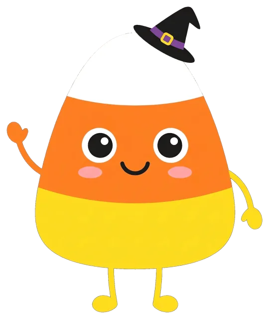 Cute candy corn character wearing a witch hat