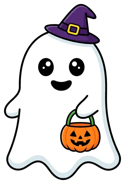 Cute cartoon ghost wearing witch hat holding pumpkin bucket