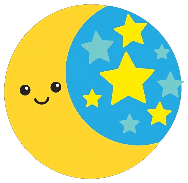 Cute crescent moon with smiling face and colorful stars