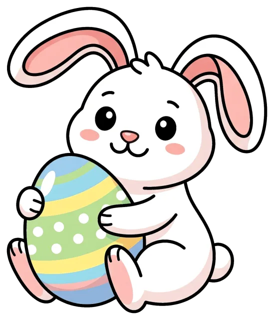 Cute Easter bunny holding a colorful decorated egg