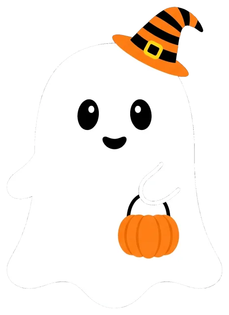 Cute Halloween Ghost Wearing Witch Hat Holding Pumpkin Basket