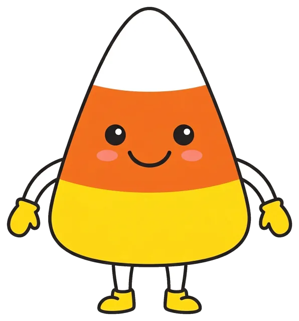 Cute smiling candy corn character with gloves and boots