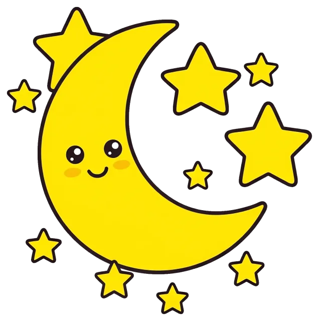 Cute smiling crescent moon with yellow stars